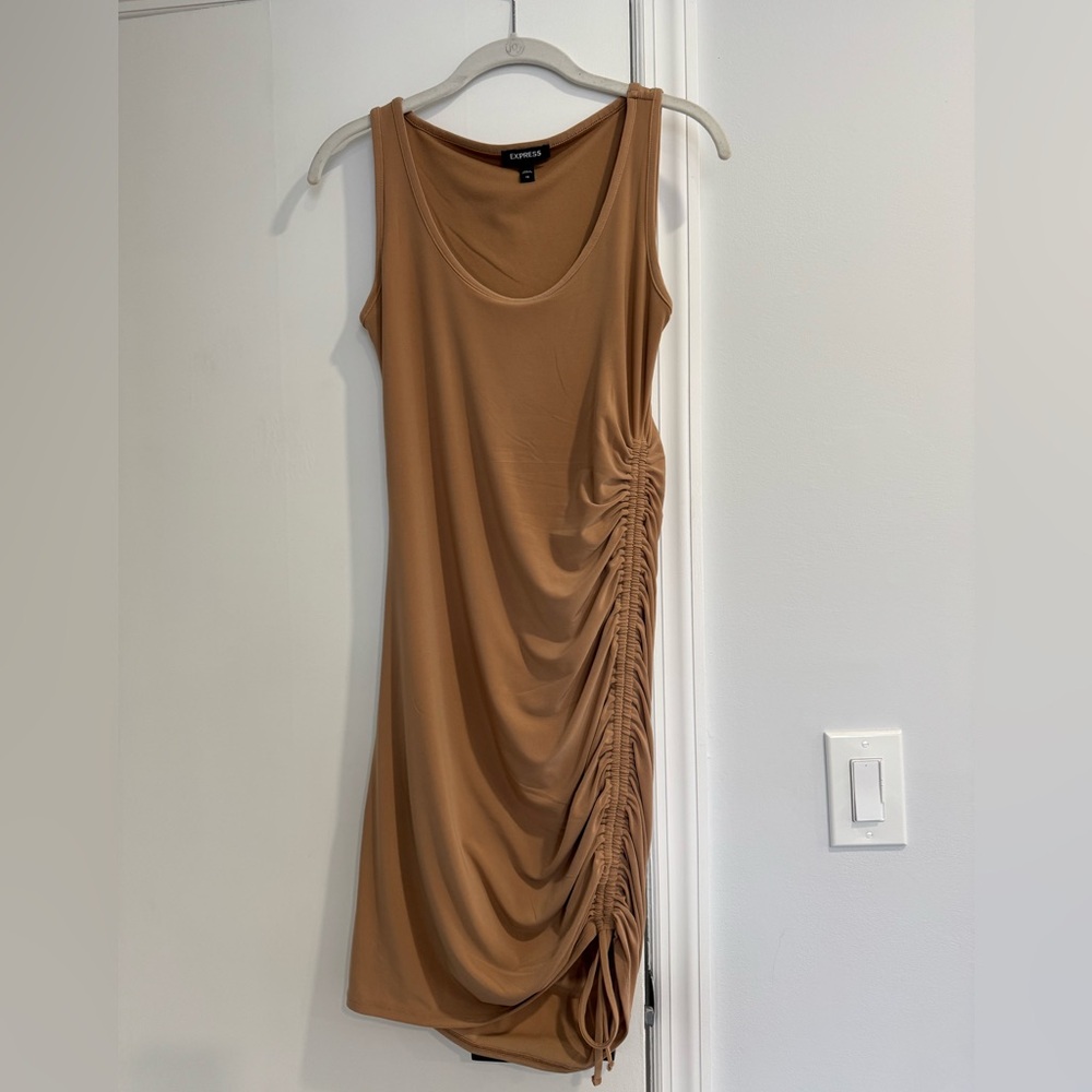 Express Tan Ruched Mini Adjustable Bodycon Dress